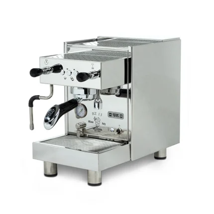 A Bezzera BZ13 DE espresso machine Stainless, showcasing its polished stainless steel and front control panel