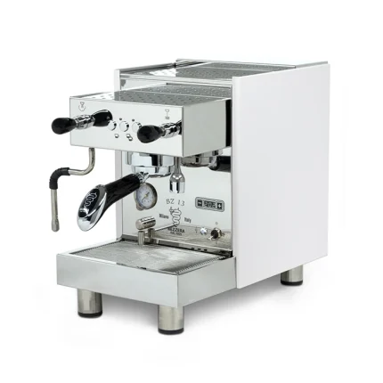 A Bezzera BZ13 DE espresso machine White, showcasing its polished stainless steel and front control panel