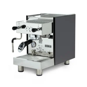 A Bezzera BZ13 DE espresso machine black, showcasing its polished stainless steel and front control panel