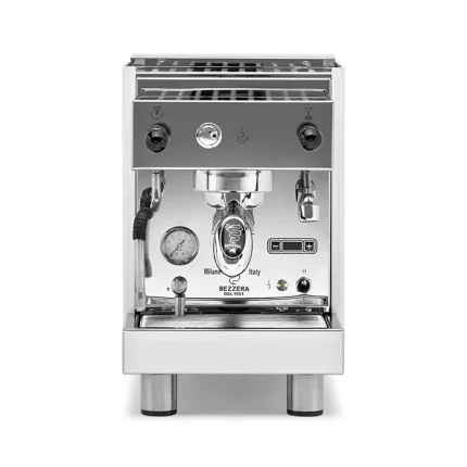 A Bezzera BZ13 PM espresso machine White, showcasing its polished stainless steel housing and ergonomic design