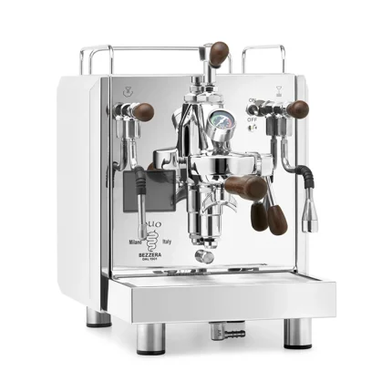 A Bezzera DUO MN espresso machine Stainless, showcasing its stainless steel body and rosewood accents