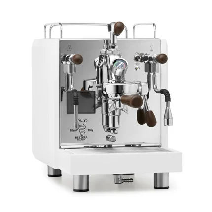 A Bezzera DUO MN espresso machine White, showcasing its stainless steel body and rosewood accents