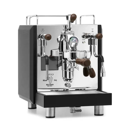 A Bezzera DUO MN espresso machine black, showcasing its stainless steel body and rosewood accents