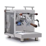 A Bezzera Matrix DE espresso machine rosewood with its light-scattering side panels illuminated in a vibrant color, featuring rosewood handles