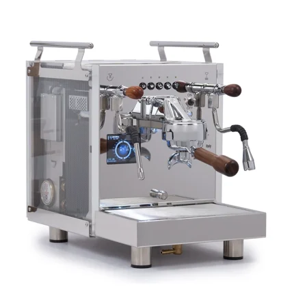 A Bezzera Matrix DE espresso machine rosewood with its light-scattering side panels illuminated in a vibrant color, featuring rosewood handles