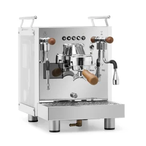 A Bezzera Matrix DE espresso machine sapele with its light-scattering side panels illuminated in a vibrant color, featuring rosewood handles