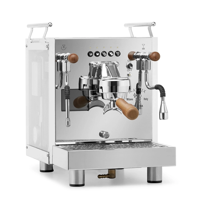 A Bezzera Matrix DE espresso machine sapele with its light-scattering side panels illuminated in a vibrant color, featuring rosewood handles