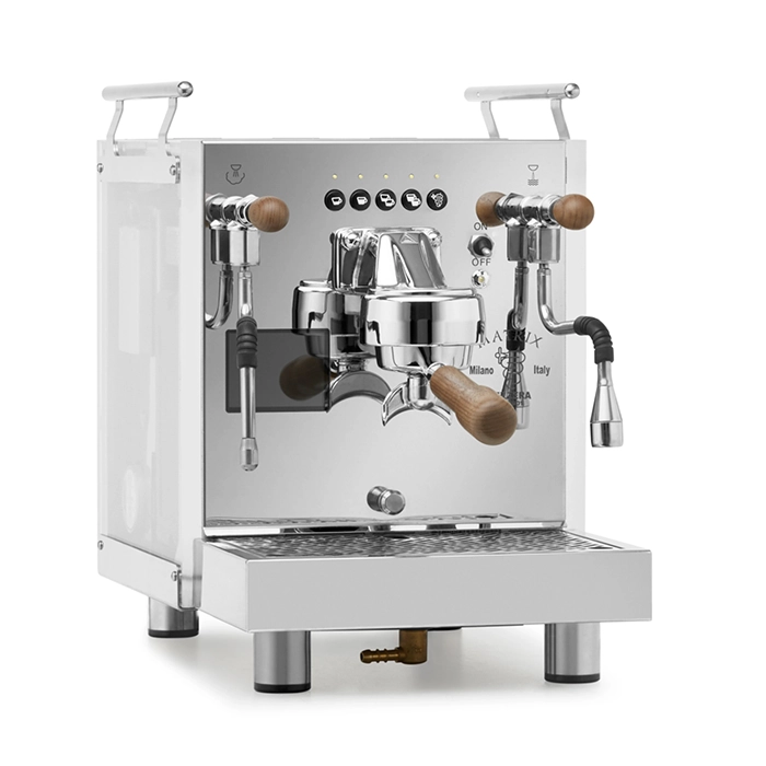 A Bezzera Matrix DE espresso machine walnut with its light-scattering side panels illuminated in a vibrant color, featuring rosewood handles
