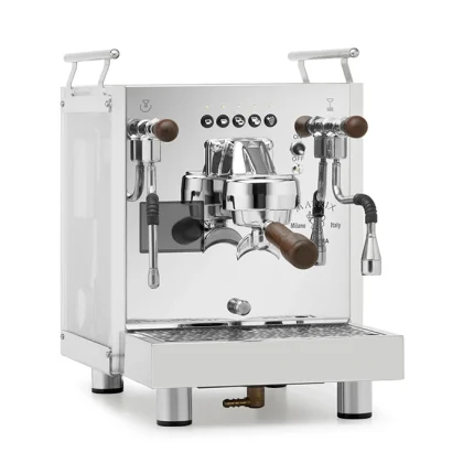 A Bezzera Matrix DE espresso machine wenge with its light-scattering side panels illuminated in a vibrant color, featuring rosewood handles