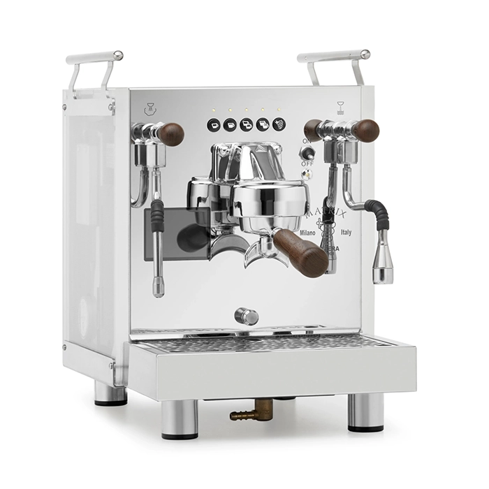 A Bezzera Matrix DE espresso machine wenge with its light-scattering side panels illuminated in a vibrant color, featuring rosewood handles