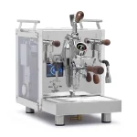 A Bezzera Matrix MN espresso machine Rosewood with its side panels illuminated in a vibrant color, highlighting the rosewood handles