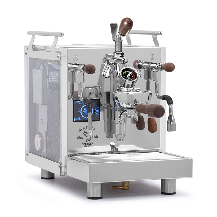 A Bezzera Matrix MN espresso machine Rosewood with its side panels illuminated in a vibrant color, highlighting the rosewood handles