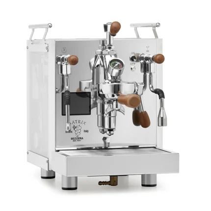 A Bezzera Matrix MN espresso machine Sapele with its side panels illuminated in a vibrant color, highlighting the rosewood handles