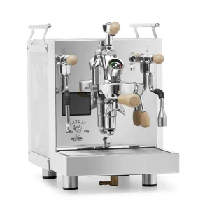 A Bezzera Matrix MN espresso machine Tiger Maple with its side panels illuminated in a vibrant color, highlighting the rosewood handles