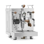A Bezzera Matrix MN espresso machine Walnut with its side panels illuminated in a vibrant color, highlighting the rosewood handles