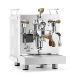 A Bezzera Matrix MN espresso machine Zebra Wood with its side panels illuminated in a vibrant color, highlighting the rosewood handles