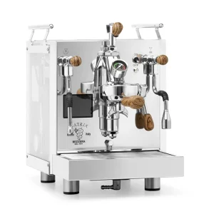 A Bezzera Matrix MN espresso machine Zebra Wood with its side panels illuminated in a vibrant color, highlighting the rosewood handles