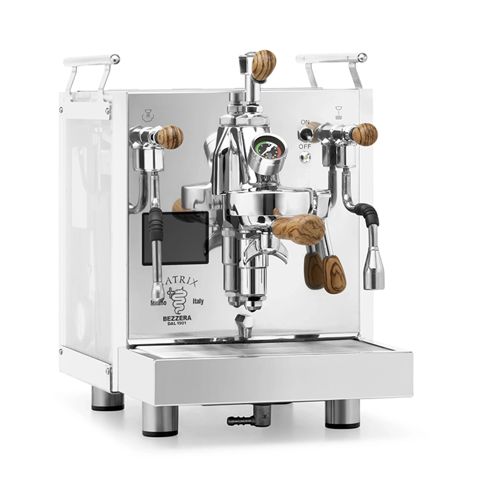 A Bezzera Matrix MN espresso machine Zebra Wood with its side panels illuminated in a vibrant color, highlighting the rosewood handles