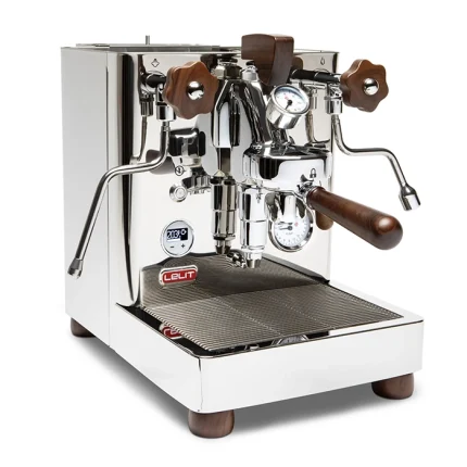 A Espresso Machine Lelit Bianca V3 in polished stainless steel with walnut wood accents, showcasing its elegant design