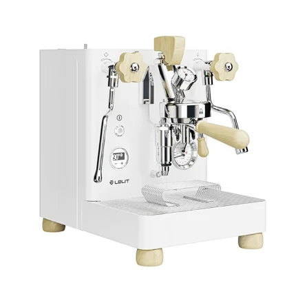 A Lelit Bianca V3 espresso machine white with maple wood accents, showcasing its elegant design