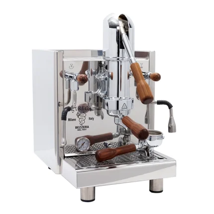 A beautiful bezzera strega lever espresso machine rosewood, with its lever in the upright position