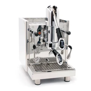 A beautiful bezzera strega lever espresso machine stainless, with its lever in the upright position