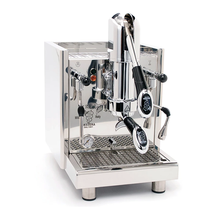 A beautiful bezzera strega lever espresso machine stainless, with its lever in the upright position