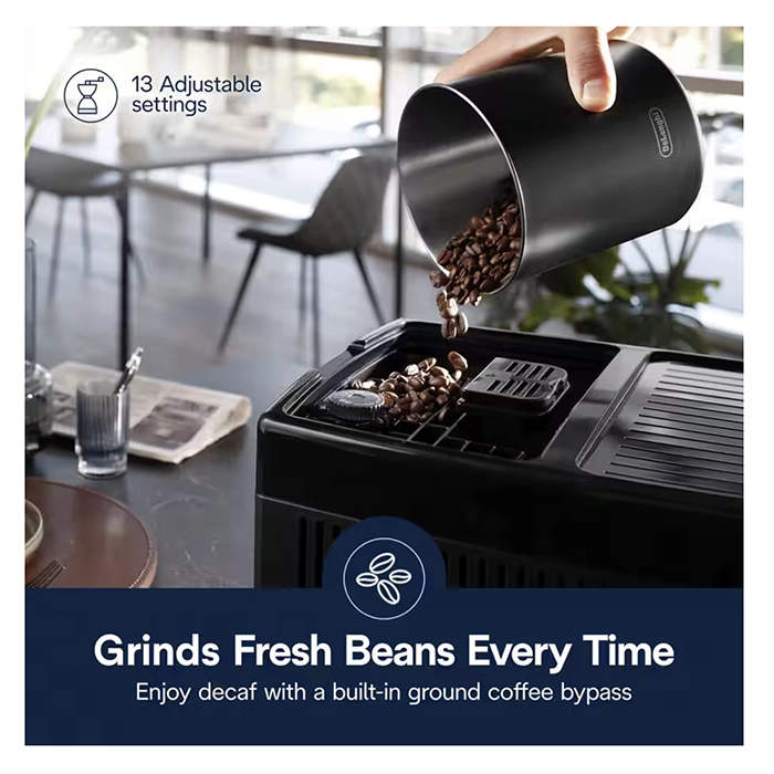 A detailed shot of the 3.5” TFT full-touch screen, color display on the DeLonghi Dinamica Plus, showing recipe selection A detailed shot of the 3.5” TFT full-touch screen, color display on the DeLonghi Dinamica Plus, showing recipe selection