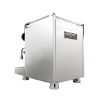 A detailed shot of the E61 group head on the Rocket Espresso Mozzafiato Cronometro V Stainless, highlighting its robust construction