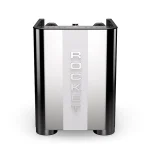 A detailed shot of the Rocket Espresso Appartamento TCA Aquamarine E61 brew group, highlighting its new angular design with aquamarine accents