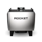 A detailed shot of the Rocket Espresso Bicocca portafilter with the iconic R monogrammed on its tip, sitting in the machine