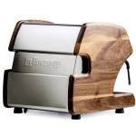 A hand pulling out the front-loading water reservoir of the LUCCA A53 Mini V2 Walnut