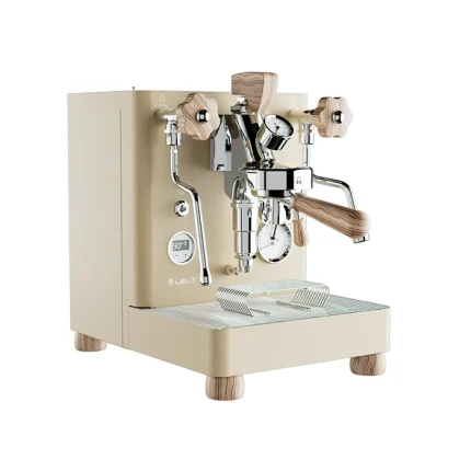 A luxurious Lelit Bianca V3 Espresso Machine Gold with distinctive Zebrano wood accents, showcasing its elegant design