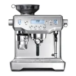 A polished stainless steel Breville BES980XL Oracle, showcasing its integrated grinder and display