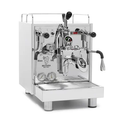 A polished stainless steel Espresso Machine Bezzera Magica PID, showcasing its classic E61 group head and large cup warmer