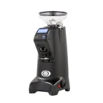 A portafilter resting in the adjustable fork of the Eureka Olympus 75E Espresso Grinder Black, ready for hands-free grinding