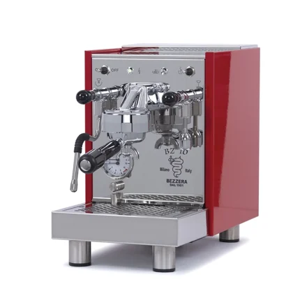 A sleek, Bezzera BZ10 Espresso Machine Red, showcasing its compact size and dual needle gauge