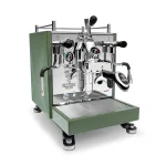 A sleek, Bezzera Sole espresso machine Green with its distinctive moon-lander feet and E61 group head visible