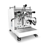 A sleek, Bezzera Sole espresso machine White with its distinctive "moon-lander" feet and E61 group head visible