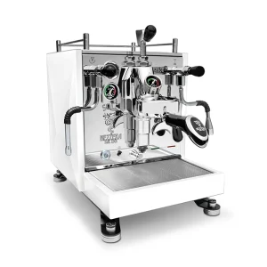 A sleek, Bezzera Sole espresso machine White with its distinctive "moon-lander" feet and E61 group head visible