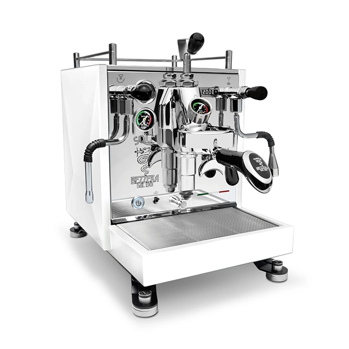 A sleek, Bezzera Sole espresso machine White with its distinctive "moon-lander" feet and E61 group head visible