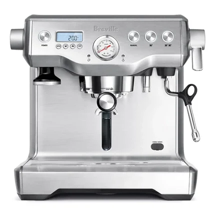 A sleek, Breville BES920XL Dual Boiler Stainless espresso machine, highlighting its dual gauges and modern design