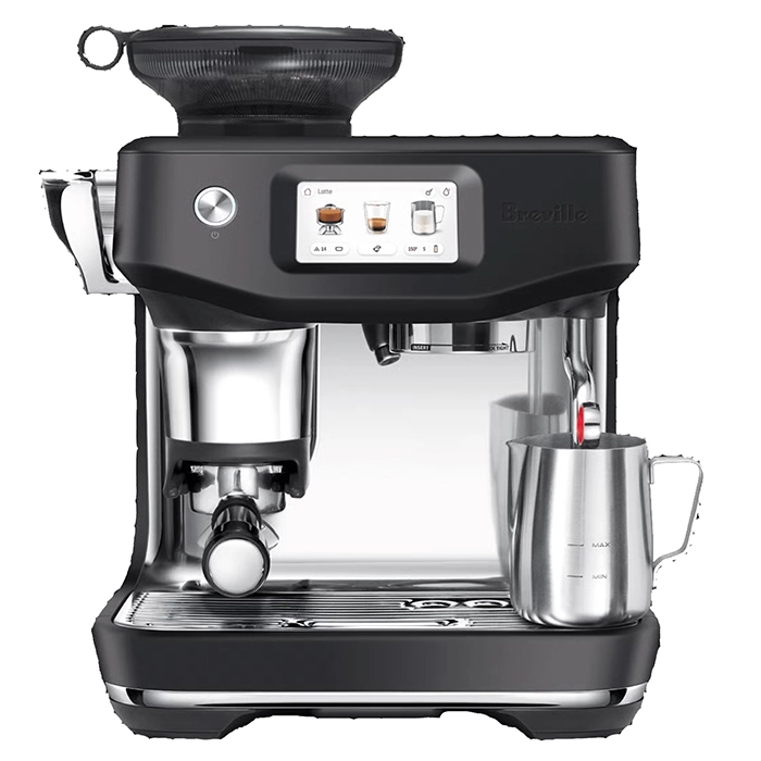 A sleek, Breville Barista Touch Impress Black espresso machine, showcasing its prominent touchscreen display