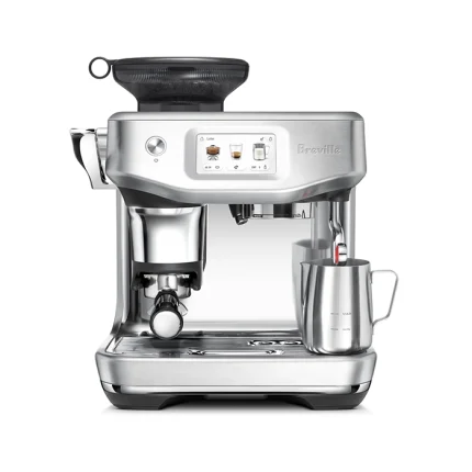 A sleek, Breville Barista Touch Impress Stainless Steel espresso machine, showcasing its prominent touchscreen display