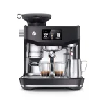A sleek, Breville Oracle Jet Black espresso machine, showcasing its prominent touchscreen and portafilter