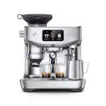 A sleek, Breville Oracle Jet Stainless Steel espresso machine, showcasing its prominent touchscreen and portafilter