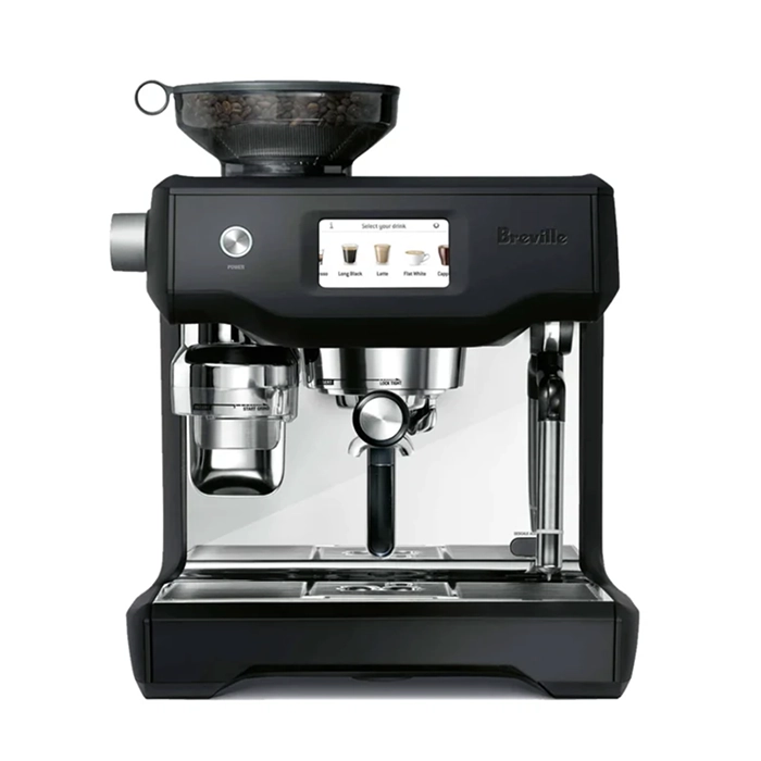 A sleek, Breville Oracle Touch Black on a countertop, highlighting its touchscreen display