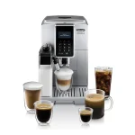 A sleek DeLonghi Dinamica LatteCrema in silver, showcasing its modern design and LCD display