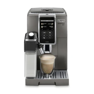 A sleek DeLonghi Dinamica Plus Connected espresso machine in titanium grey, showcasing its full color touch screen