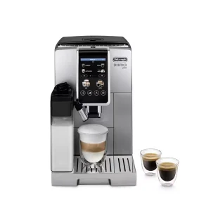 A sleek DeLonghi Dinamica Plus automatic coffee machine in titanium grey, showcasing its modern design and touch screen